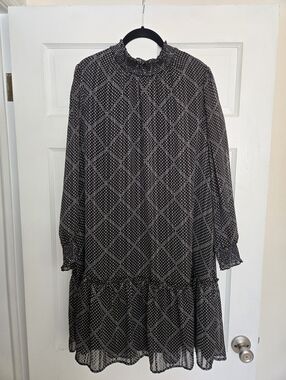 J. Crew Black and White Polka Dot Long Sleeve Ruffle Neck Dress